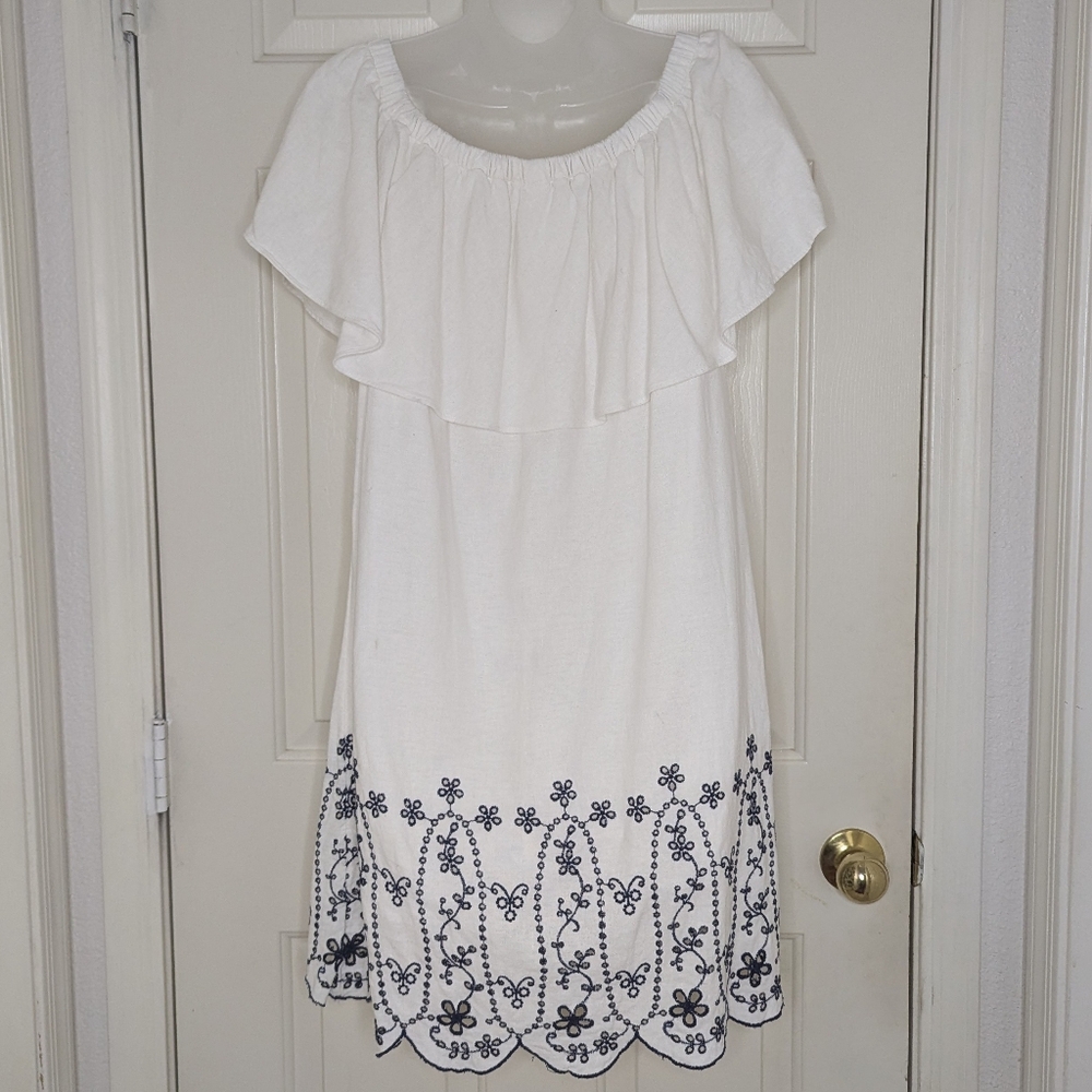 Linen Blend Embroidered Eyelet Floral‎ Dress White M